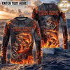 (13 Breeds) Maxcorners Fishing Black Orange Fire Flame Skeleton Bass Angler Design Custom Name & Team Name 3D Shirts