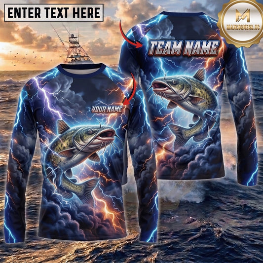 (13 Breeds) Maxcorners Fishing Blue Black Thunder Lightning Storm Bass Design Custom Name & Team Name 3D Shirts