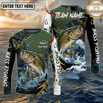 (13 Breeds) Maxcorners Fishing Green Camo Bass Fishing Lily Splash Design Custom Name & Team Name 3D Shirts