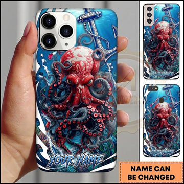 Maxcorners Personalized Red Octopus Phone Case with Ocean Waves, Nautical Anchor, Underwater Tentacles and Custom Name
