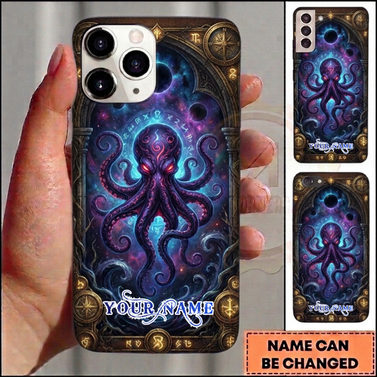 Maxcorners Personalized Cosmic Purple Octopus Phone Case with Galaxy, Mystic Runes, Celestial Planets, Vintage Compass and Custom Name