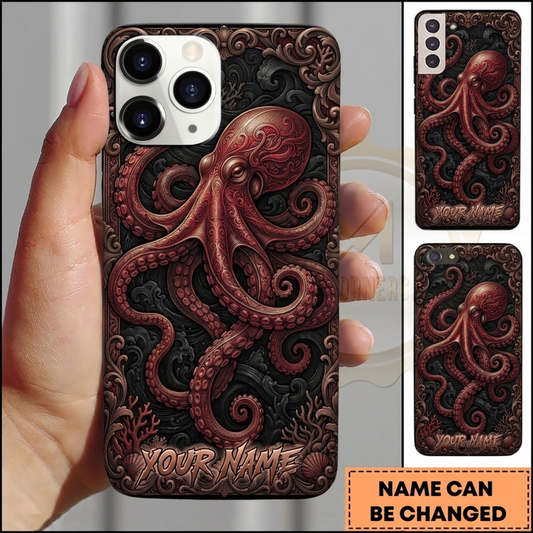Maxcorners Personalized Vintage Red Octopus Phone Case with Ornate Engraved Tentacles, Dark Ocean Waves, Floral Frame and Custom Name