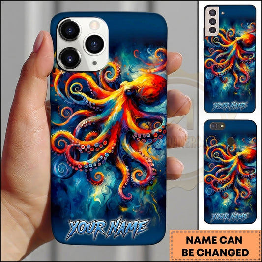Maxcorners Personalized Colorful Octopus Phone Case with Watercolor Tentacles, Vibrant Ocean Art, Blue Background and Custom Name