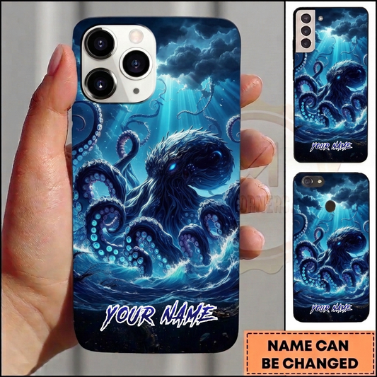 Maxcorners Personalized Dark Blue Kraken Phone Case with Stormy Ocean Waves, Glowing Eyes, Underwater Tentacles and Custom Name