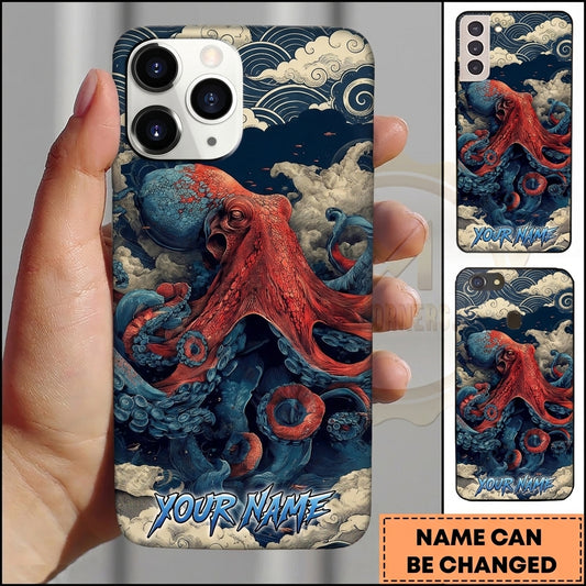 Maxcorners Personalized Japanese Red Octopus Phone Case with Ukiyo-e Ocean Waves, Vintage Japanese Art, Blue Tentacles and Custom Name