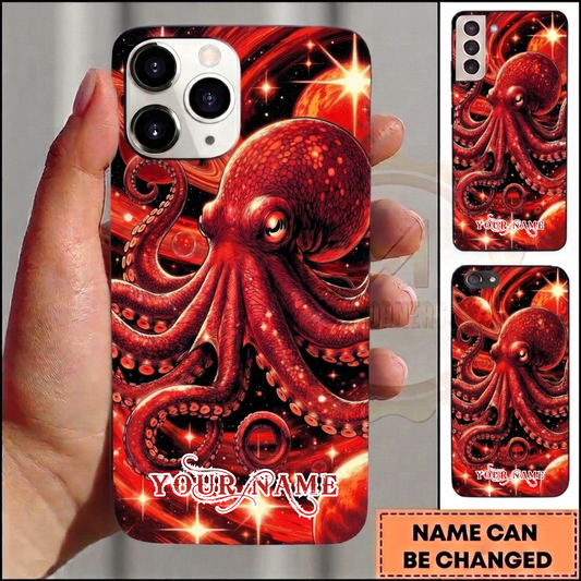 Maxcorners Personalized Red Octopus Phone Case with Cosmic Galaxy, Red Planets, Shining Stars, Space Background and Custom Name