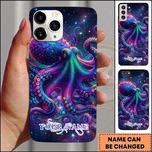 Maxcorners Personalized Colorful Galaxy Octopus Phone Case with Purple Tentacles, Cosmic Stars, Nebula Background and Custom Name