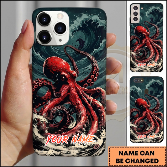 Maxcorners Personalized Red Octopus Phone Case with Japanese Ocean Waves, Vintage Sea Art, Splashing Water and Custom Name