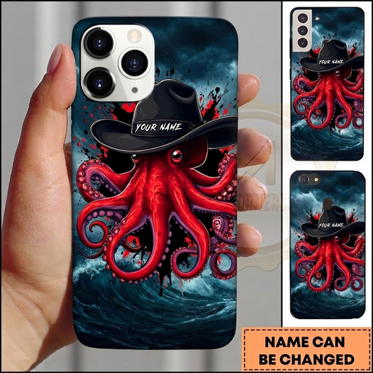 Maxcorners Personalized Cowboy Octopus Phone Case with Black Western Hat, Red Tentacles, Ocean Waves and Custom Name