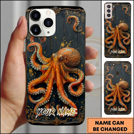 Maxcorners Personalized Vintage Orange Octopus Phone Case with Ornate Floral Frame, Dark Wood Background, Golden Details and Custom Name