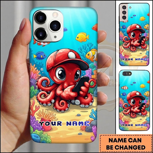 Maxcorners Personalized Cute Red Octopus Phone Case with Baseball Cap, Smartphone, Tropical Fish, Coral Reef and Custom Name