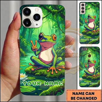 Maxcorners Personalized Peace Sign Frog Phone Case with Tropical Forest, Pond, Lily Pads, Cute Cartoon Style and Custom Name