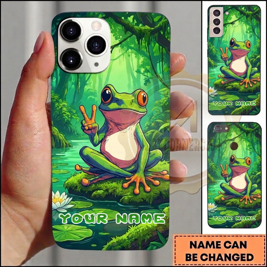 Maxcorners Personalized Peace Sign Frog Phone Case with Tropical Forest, Pond, Lily Pads, Cute Cartoon Style and Custom Name