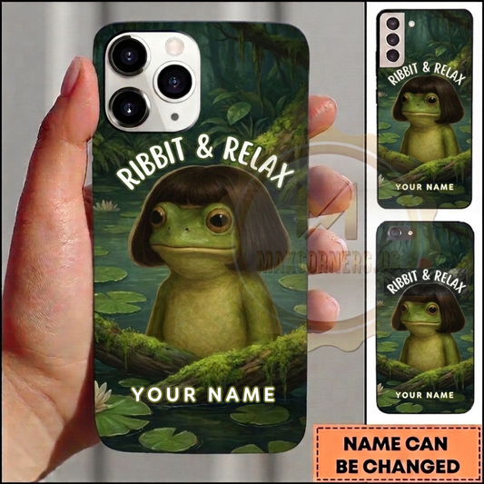 Maxcorners Personalized Relaxing Frog Phone Case with Ribbit & Relax Quote, Forest Pond, Lily Pads and Custom Name