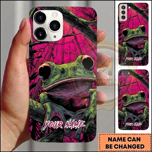 Maxcorners Personalized Green Tree Frog Phone Case with Pink Forest Background, Dark Branches, Sketch Art Style and Custom Name