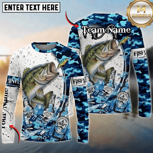(13 Breeds) Maxcorners Fishing Blue Camo Bass Beer Angler Brew Bubble Design Custom Name & Team Name 3D Shirts