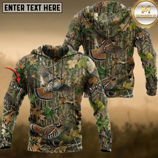 Maxcorners Ruffed Grouse Hunting Flock Flying Autumn Forest Camo Leaves Multiple Options Personalized Name 3D Hoodie