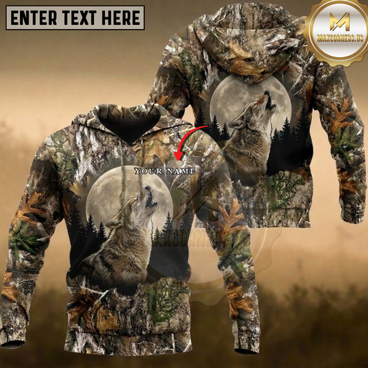 Maxcorners Coyote Howling Full Moon Night Forest Pine Tree Camo Multiple Options Personalized Name 3D Hoodie