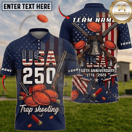 Maxcorners USA 250 Liberty Bell Crossed Guns Trap Shooting Multicolor Options Personalized Name, Team Name 3D Shirt (6 Colors)