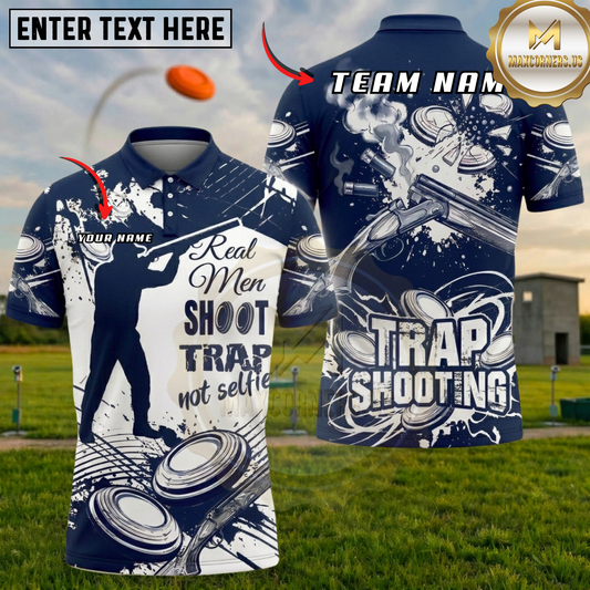 Maxcorners "Real Men Shoot Trap Not Selfie" Shattered Clay Trap Shooting Multicolor Options Personalized Name, Team Name 3D Shirt (6 Colors)