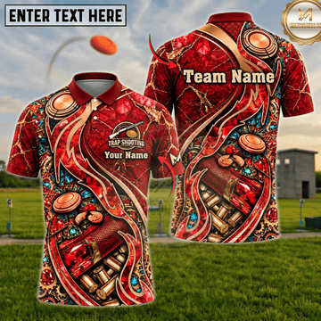 Maxcorners Trap Shooting Red Crystal Ruby Gold Cracked Gears Bullet Flames Personalized Polo Shirt 2