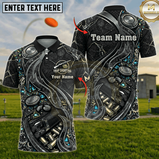 Maxcorners Trap Shooting Red Crystal Ruby Gold Cracked Gears Bullet Flames Personalized Polo Shirt