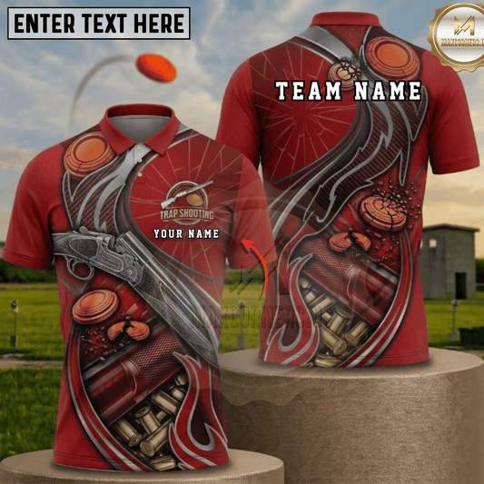 Maxcorners Trap Shooting Red Silver Engraved Shotgun Shattered Clay Fire Personalized Polo Shirt