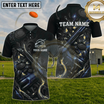 Maxcorners Trap Shooting Navy Blue Galaxy Blue Fire Shattered Glass Shotgun Personalized Polo Shirt