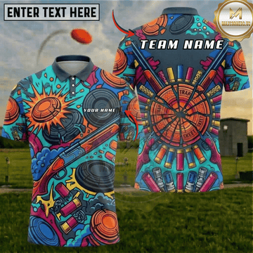 Maxcorners Trap Shooting Colorful Comic Explosion Clay Pigeon Trap Skeet Wheel Personalized Polo Shirt