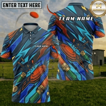 Maxcorners Trap Shooting Blue Cyan Neon Shattered Clay Shotgun Shell Personalized Polo Shirt