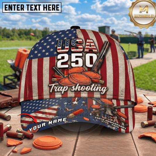 Maxcorners USA 250th Anniversary American Flag Trap Shooting Multicolor Options Personalized Name, Team Name 3D Cap