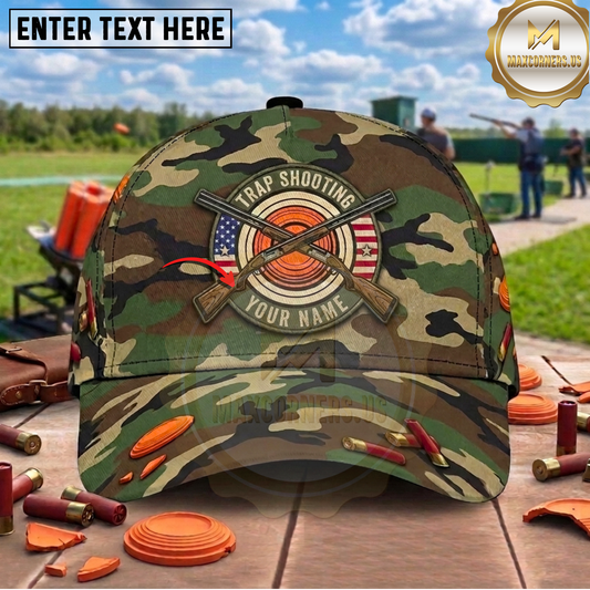 Maxcorners Camo Crossed Shotguns Clay Target USA Flag Trap Shooting Multicolor Options Personalized Name, Team Name 3D Cap (2 Colors)