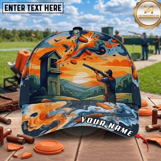 Maxcorners Sunset Tower Skeet Shooter Explosion Orange Sky Trap Shooting Multicolor Options Personalized Name, Team Name 3D Cap (2 Colors)