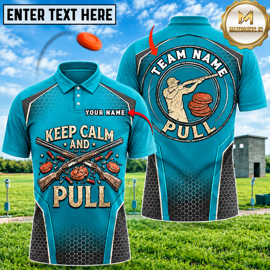 Maxcorners Keep Calm And PULL Crossed Shotguns Clay Stack Vintage Trap Shooting Multicolor Options Personalized Name, Team Name 3D Shirt (6 Colors)