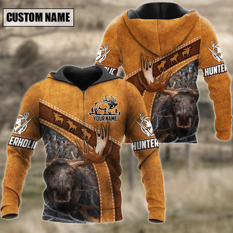 Maxcorners Customized Name Moose Hunting Leather Pattern 3D Shirt