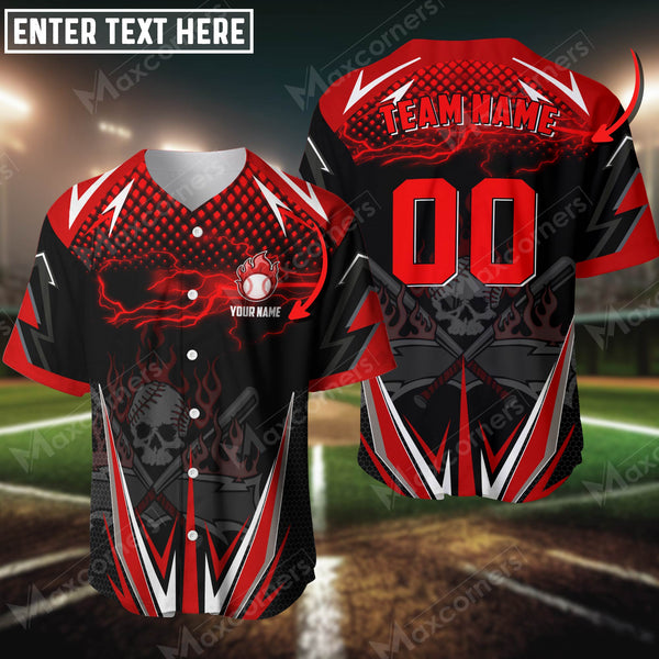 Maxcorners Baseball Jersey Skull Thunder Lights Custom 3D Shirt (Multicolor)