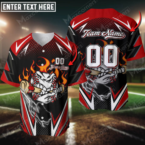 Maxcorners Baseball Jersey Flaming Mascot Bitting Bat Custom 3D Shirt