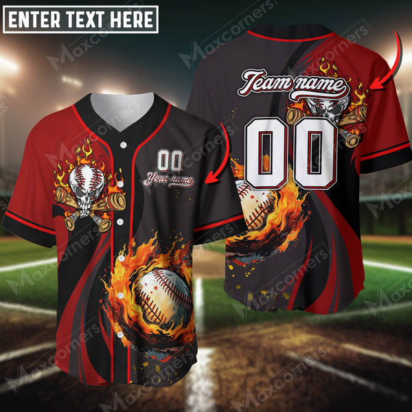 Maxcorners Baseball Jersey Flaming Skull Custom 3D Shirt (Multicolor)