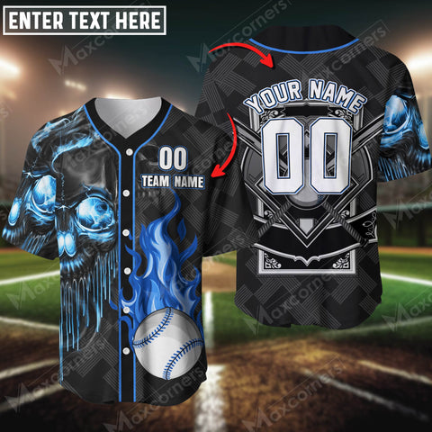 Maxcorners Baseball Jersey Skeleton Blue Flame Custom 3D Shirt