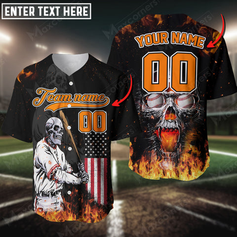 Maxcorners Baseball Jersey Skeleton US Flag Pattern Custom 3D Shirt