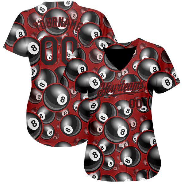 Maxcorners Personalized Text And Number Billiard Ball 8 Red Black 3D Pattern Baseball Jersey Shirt