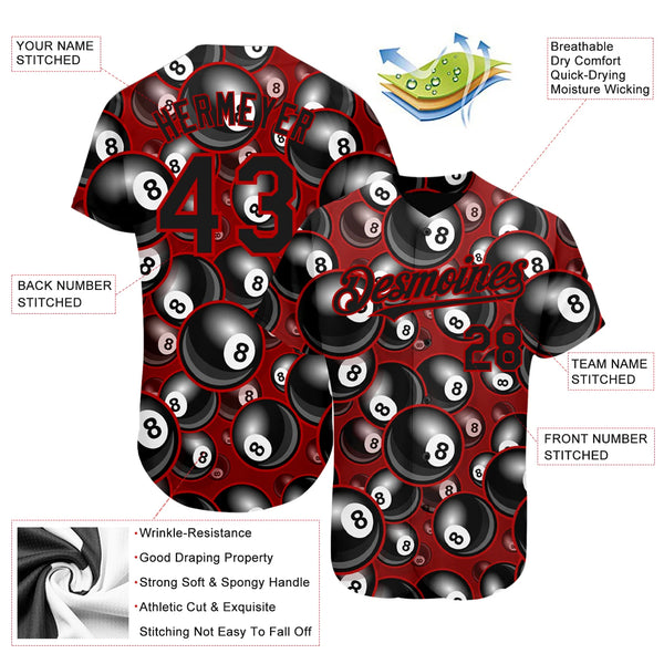 Maxcorners Personalized Text And Number Billiard Ball 8 Red Black 3D Pattern Baseball Jersey Shirt