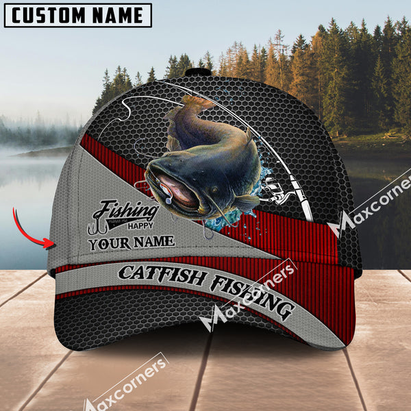 Maxcorners Catfish Fishing Personalized Name Metal Pattern 3D Classic Cap