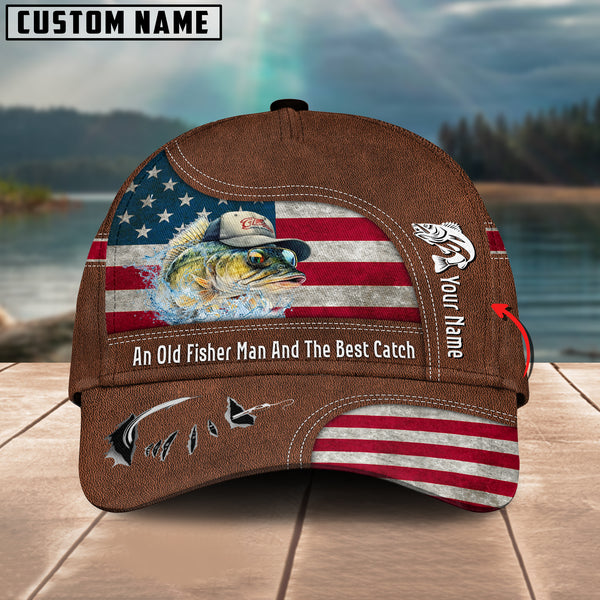 Maxcorners Walleye Fishing US Flag Personalized Name Blue 3D Classic Cap