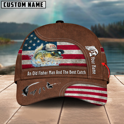 Maxcorners Walleye Fishing US Flag Personalized Name Blue 3D Classic Cap