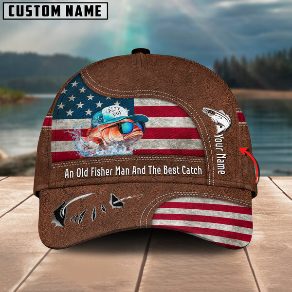 Maxcorners Striped Bass Fishing US Flag Personalized Name Blue 3D Classic Cap