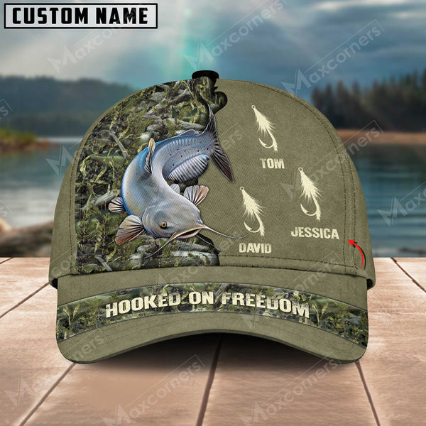Maxcorners Catfish Fishing Hooked On Freedom Personalized Name Blue 3D Classic Cap