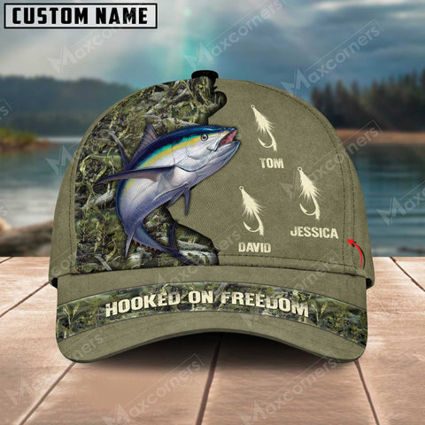 Maxcorners Tuna Fishing Hooked On Freedom Personalized Name Blue 3D Classic Cap