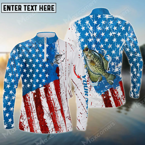 Maxcorners Personalized Name Crappie Fishing US Flag Long Sleeve Quarter Zip Jersey Shirt