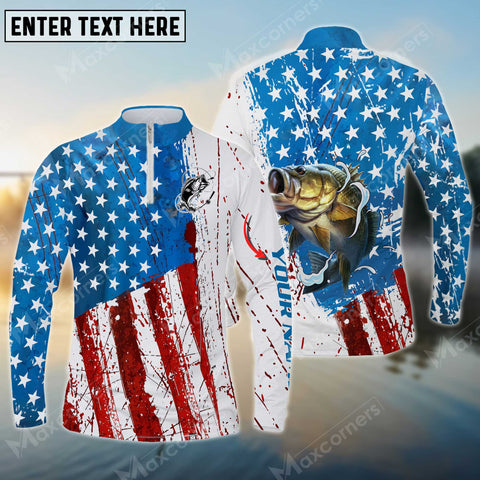 Maxcorners Personalized Name Bass Fishing US Flag Long Sleeve Quarter Zip Jersey Shirt